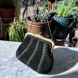 Vintage Mini Seed Bead Kiss-Lock Handbag Black Metallic Gold Hardware Hong Kong
